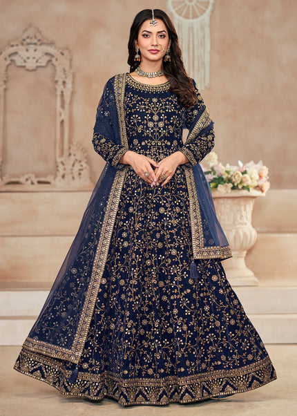 Blue and Gold Velvet Embroidered Anarkali