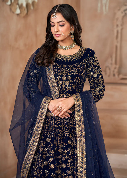 Blue and Gold Velvet Embroidered Anarkali