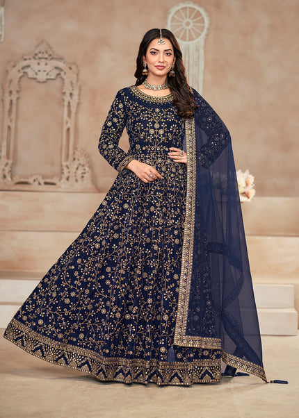 Blue and Gold Velvet Embroidered Anarkali