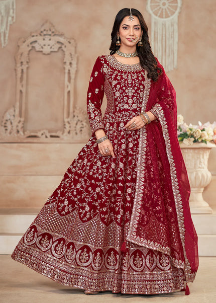 Maroon and Gold Velvet Embroidered Anarkali