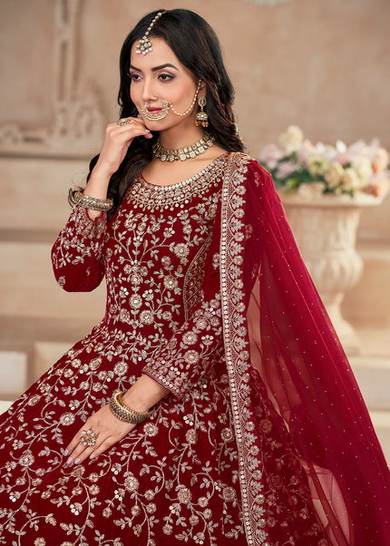 Maroon and Gold Velvet Embroidered Anarkali