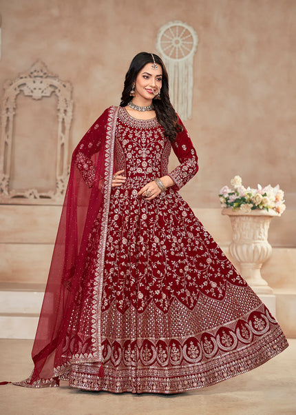 Maroon and Gold Velvet Embroidered Anarkali
