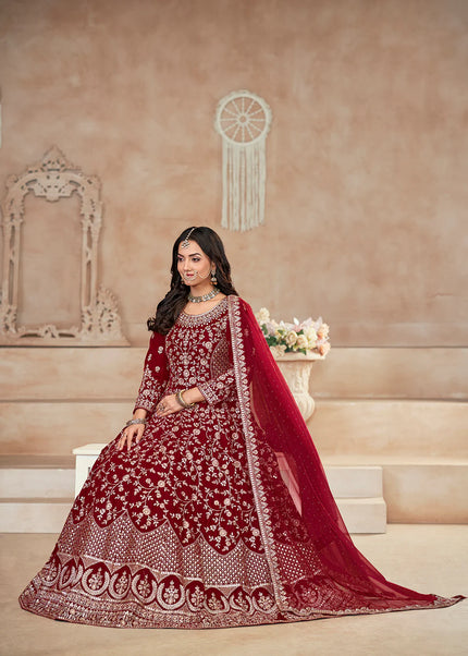 Maroon and Gold Velvet Embroidered Anarkali