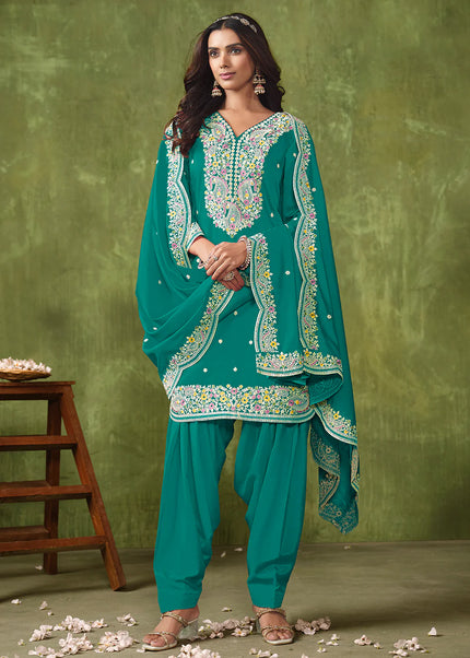 Turquoise Embroidered Punjabi Suit