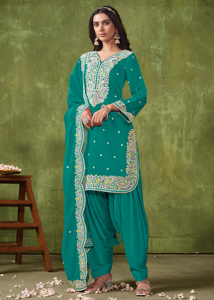 Turquoise Embroidered Punjabi Suit