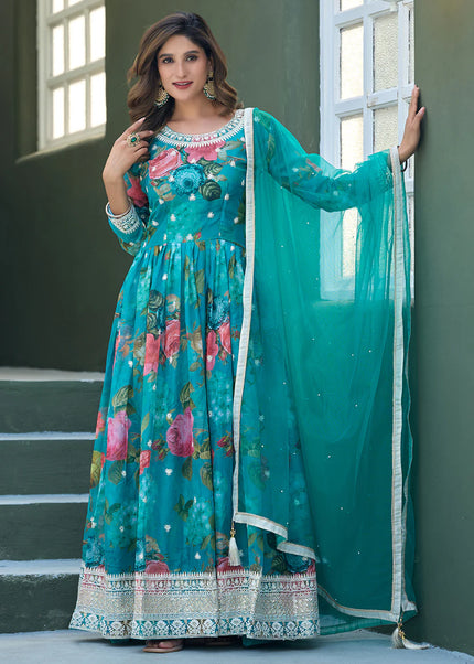 Sky Blue Embroidered Anarkali Gown