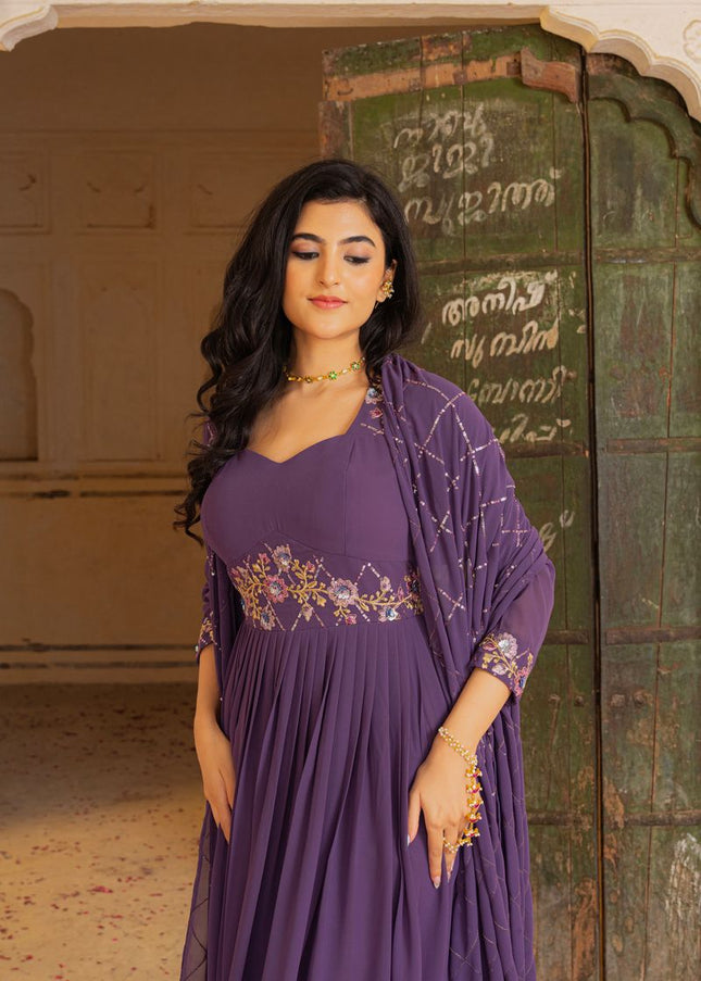 Purple Embroidered Anarkali Gown