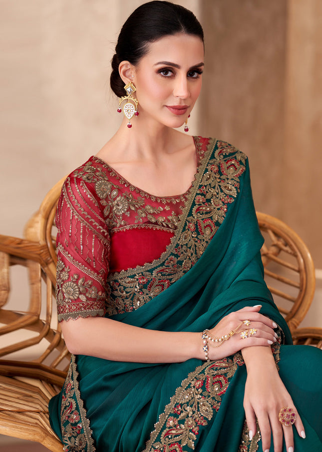 Teal and Red Embroidered Saree