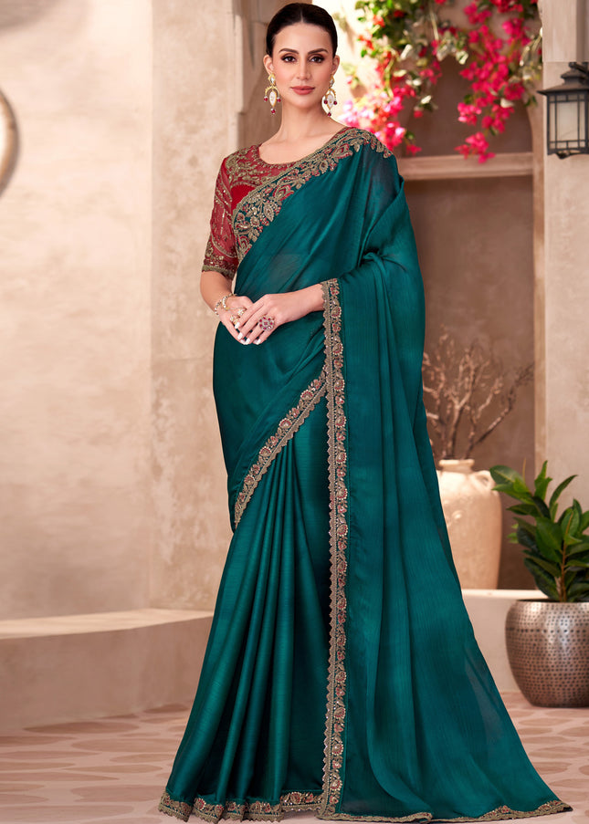 Teal and Red Embroidered Saree