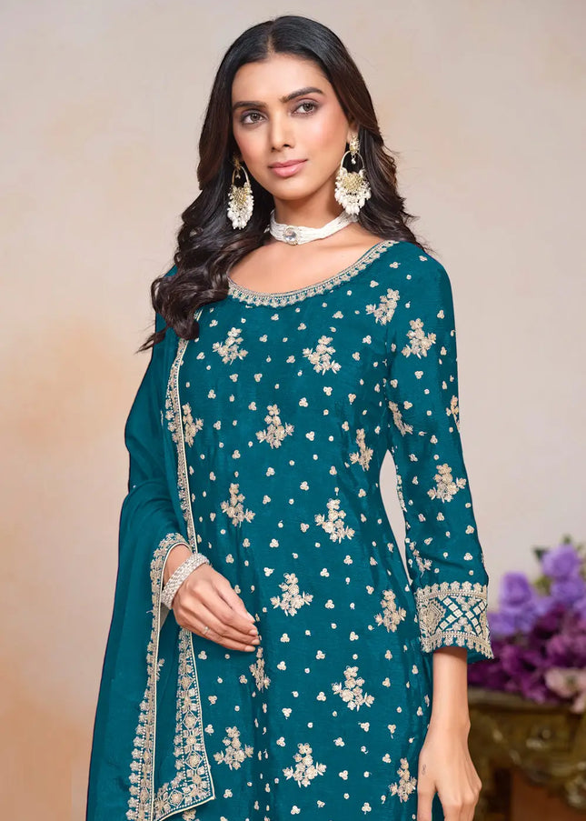 Blue Embroidered Palazzo Suit