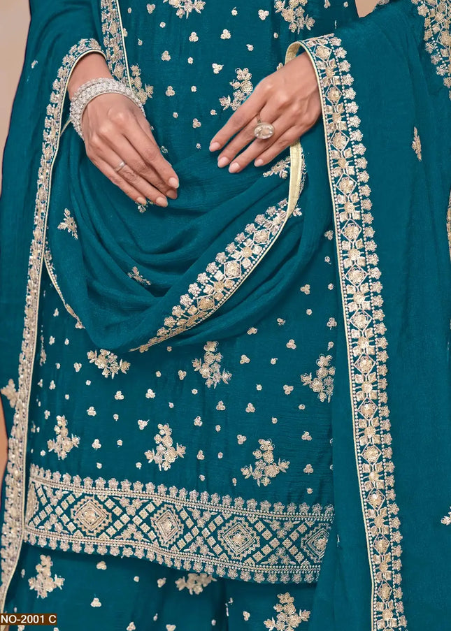 Blue Embroidered Palazzo Suit