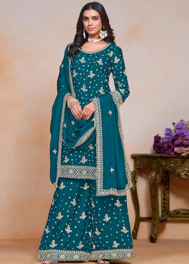 Blue Embroidered Palazzo Suit