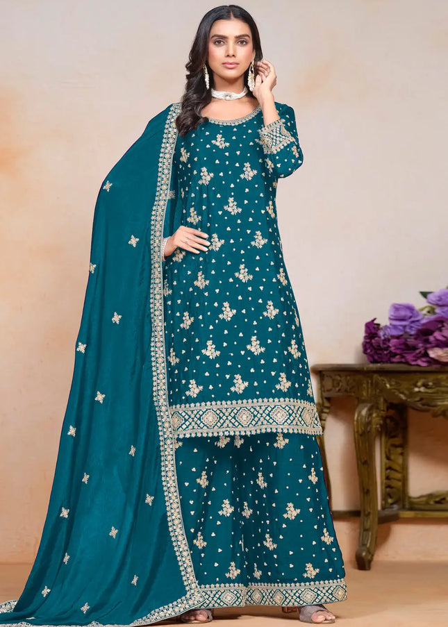 Blue Embroidered Palazzo Suit