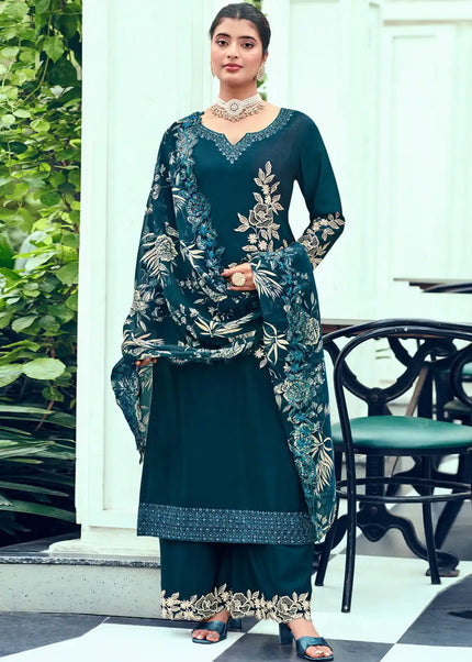 Blue Embroidered Palazzo Suit