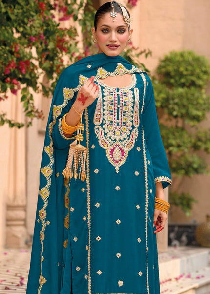 Teal Embroidered Palazzo Suit