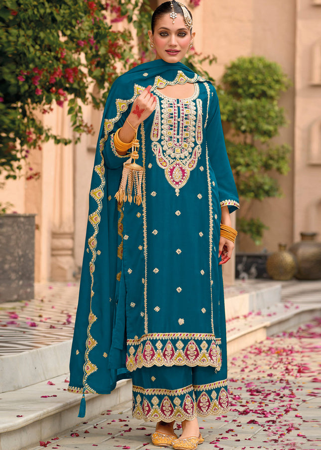 Teal Embroidered Palazzo Suit
