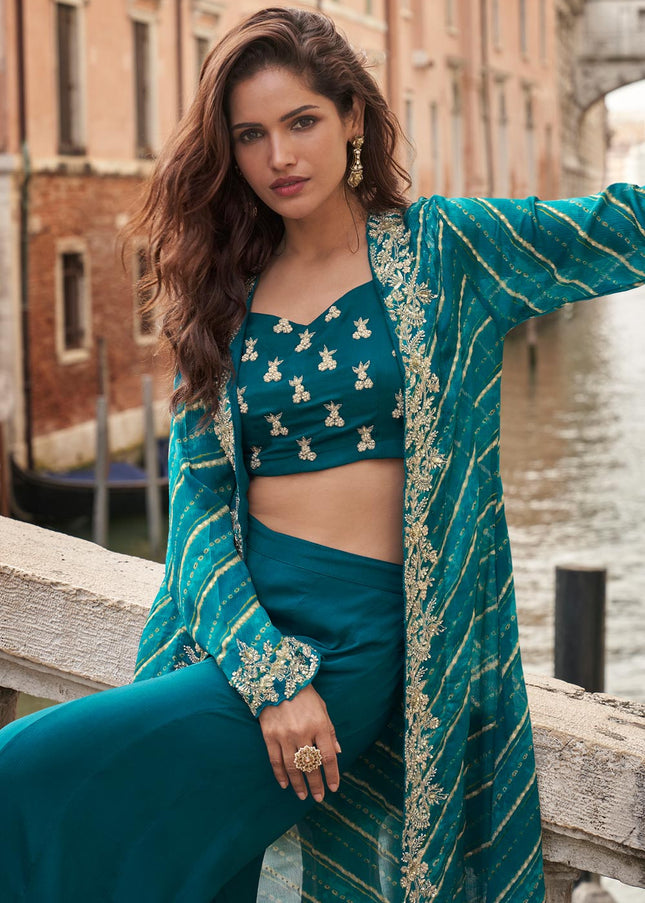 Teal Embroidered Jacket Style Sharara Suit