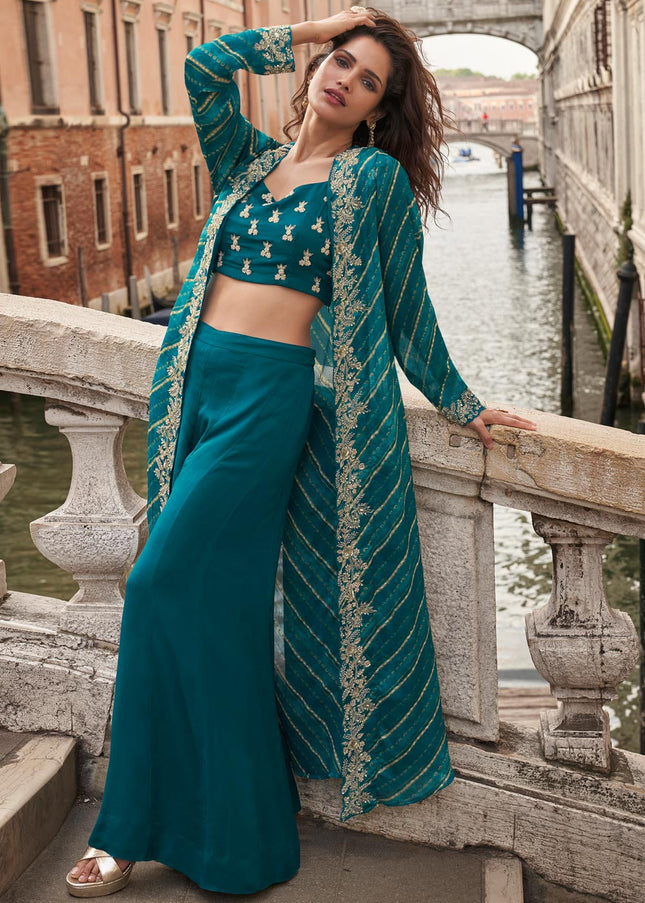 Teal Embroidered Jacket Style Sharara Suit