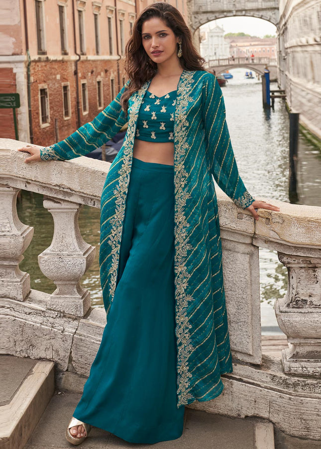 Teal Embroidered Jacket Style Sharara Suit