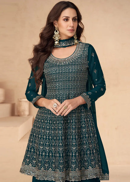 Navy Blue Embroidered Sharara Suit