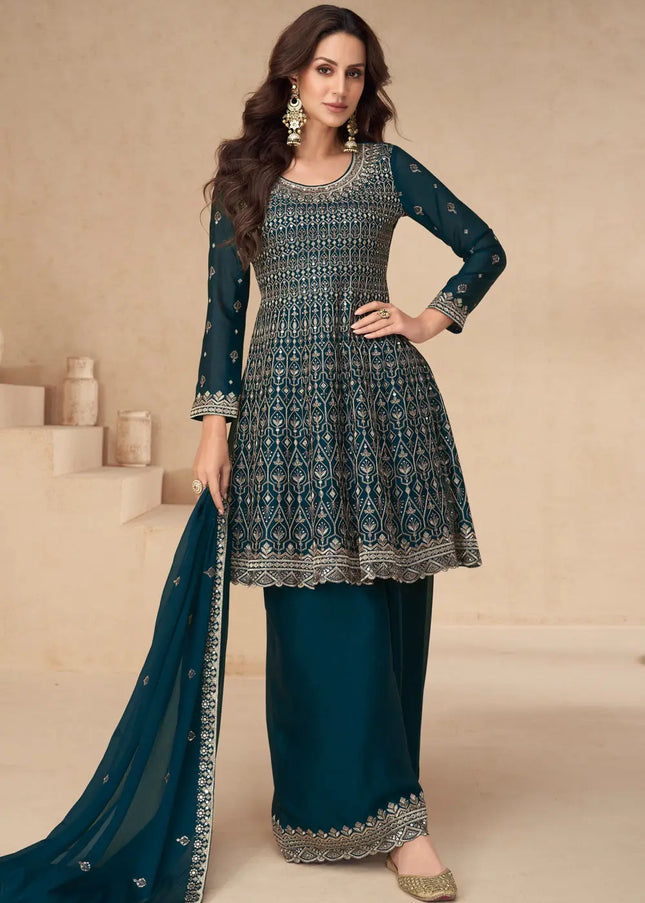 Navy Blue Embroidered Sharara Suit