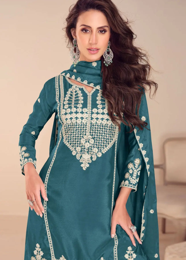 Blue Embroidered Gharara Suit