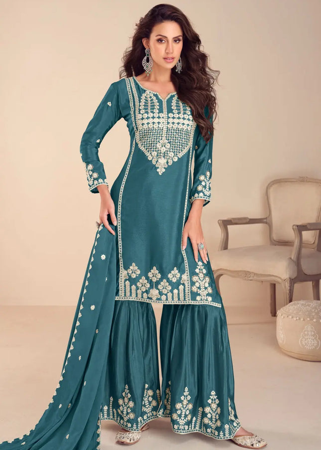 Blue Embroidered Gharara Suit