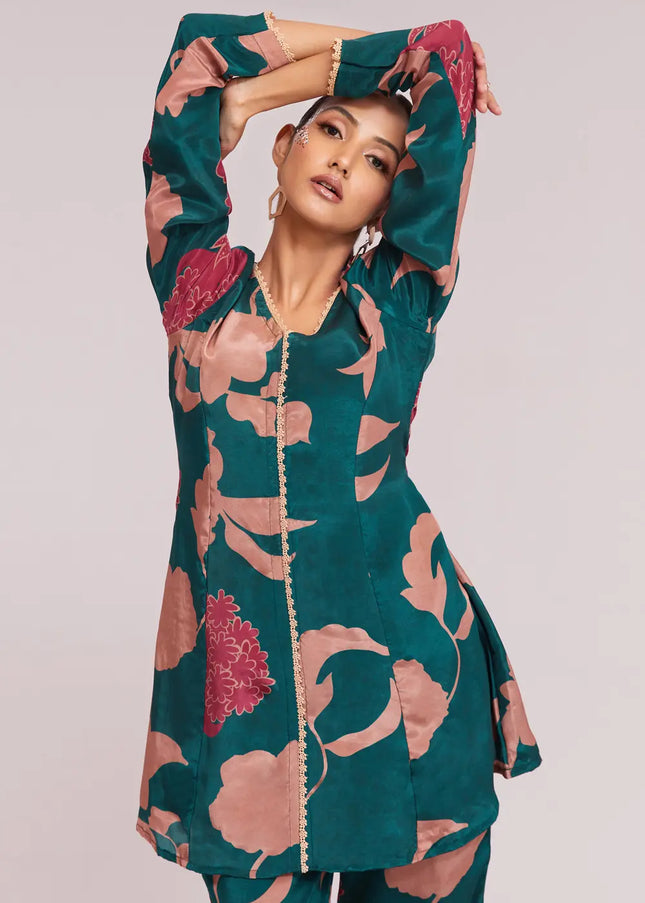 Teal Multicolor Printed and Embroidered Co-Ord Set