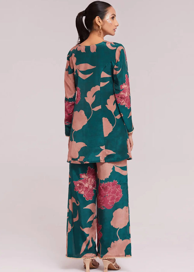 Teal Multicolor Printed and Embroidered Co-Ord Set