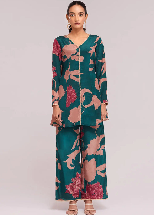 Teal Multicolor Printed and Embroidered Co-Ord Set