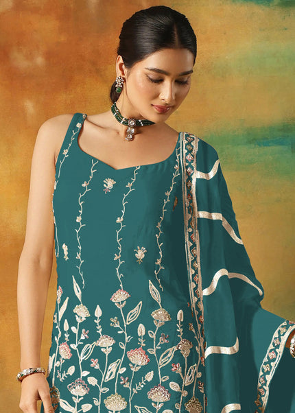 Teal Embroidered Gharara Suit