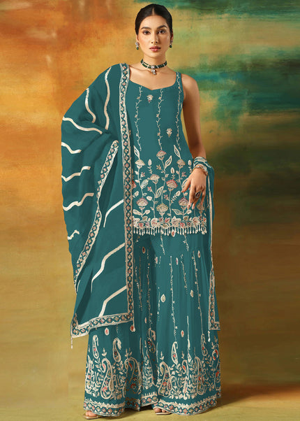 Teal Embroidered Gharara Suit