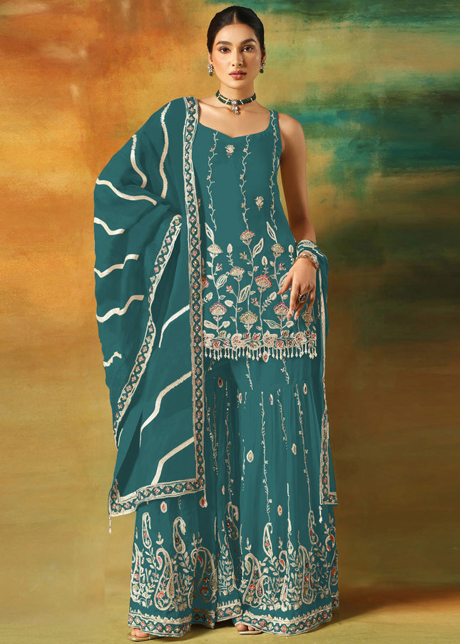 Teal Embroidered Gharara Suit