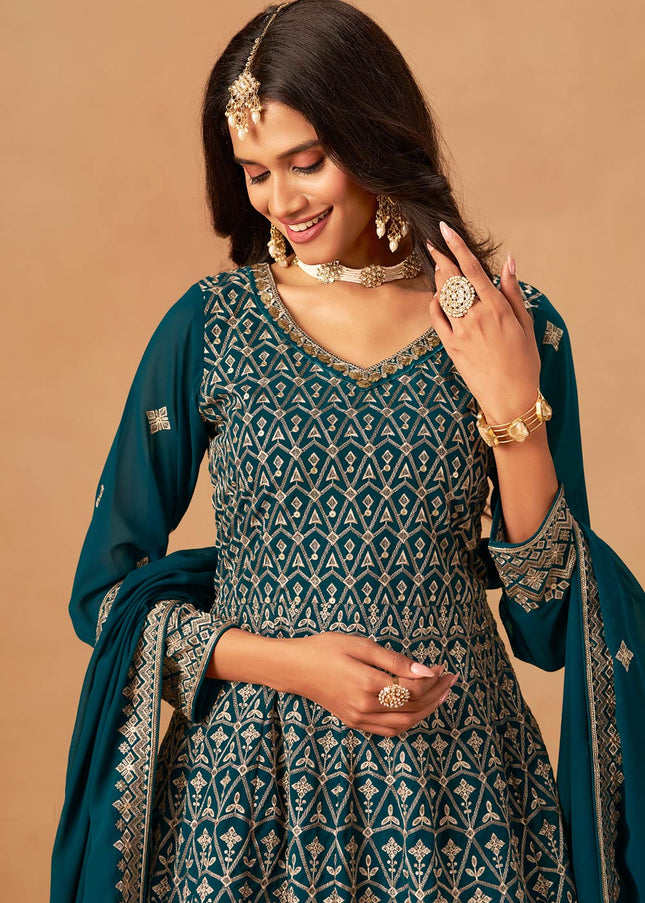 Teal Embroidered Sharara Suit