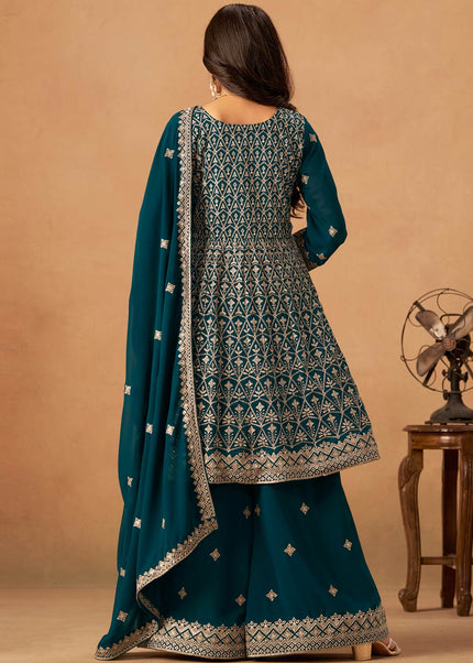 Teal Embroidered Sharara Suit