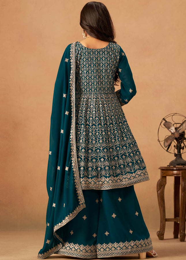 Teal Embroidered Sharara Suit