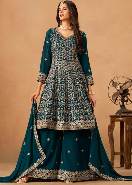 Teal Embroidered Sharara Suit