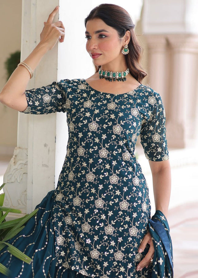 Teal Embroidered Sharara Suit