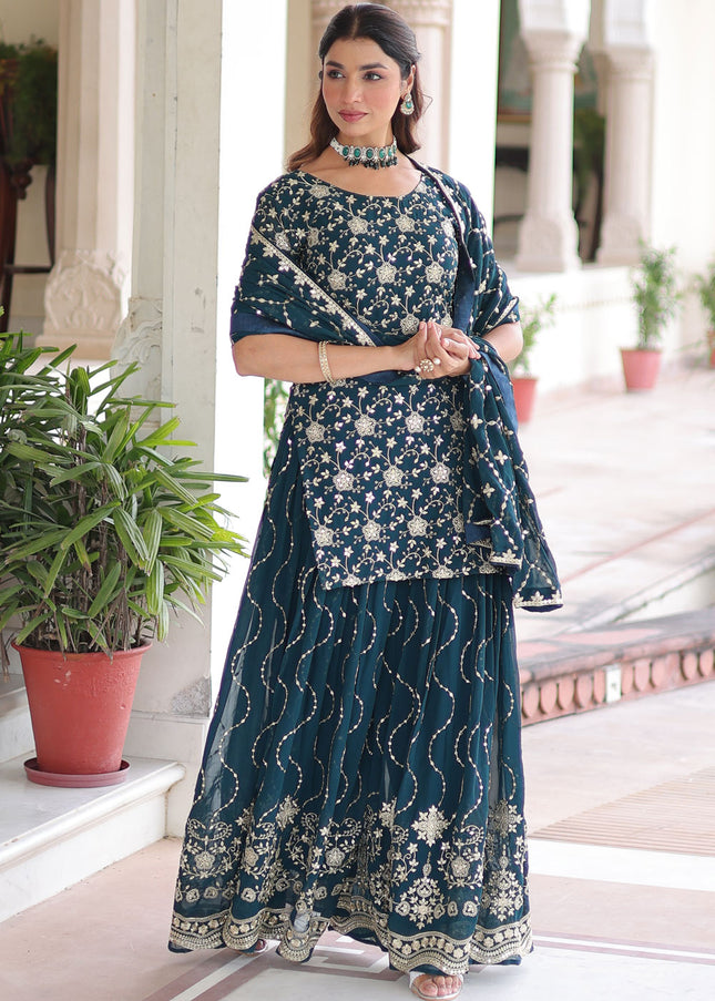 Teal Embroidered Sharara Suit