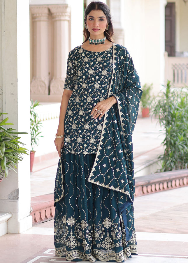 Teal Embroidered Sharara Suit