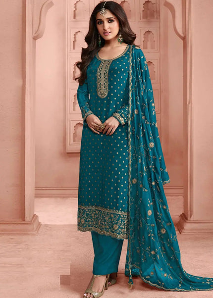 Teal Blue Embroidered Pant Style Suit