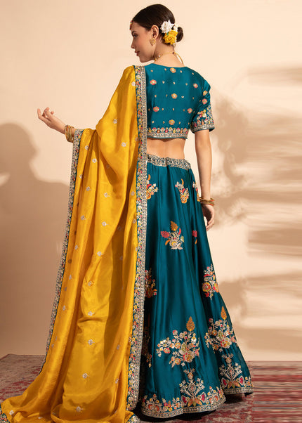 Teal and Mustard Embroidered Lehenga Choli