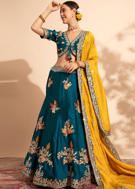 Teal and Mustard Embroidered Lehenga Choli