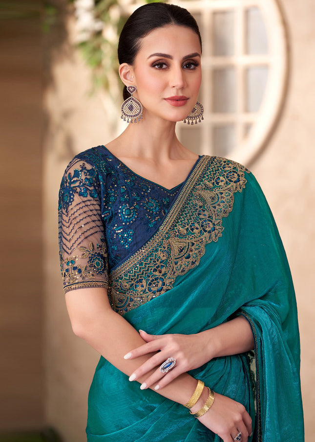 Teal Embroidered Saree