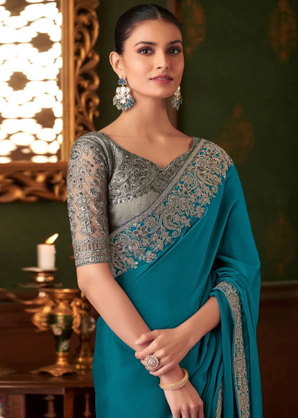 Blue and Grey Embroidered Saree
