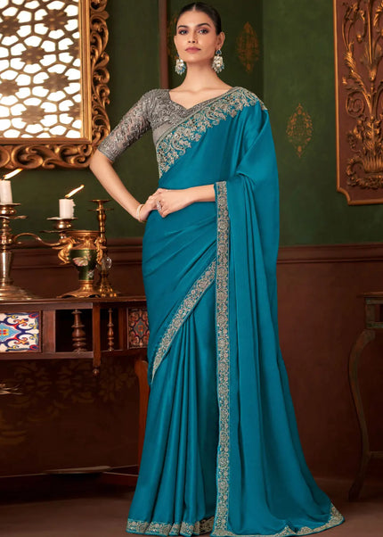Blue and Grey Embroidered Saree