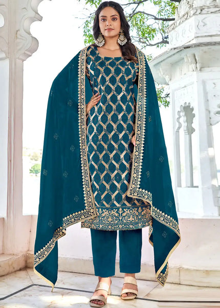 Blue Embroidered Pant Style Suit