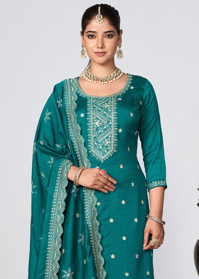 Teal Multi Embroidered Pant Style Suit