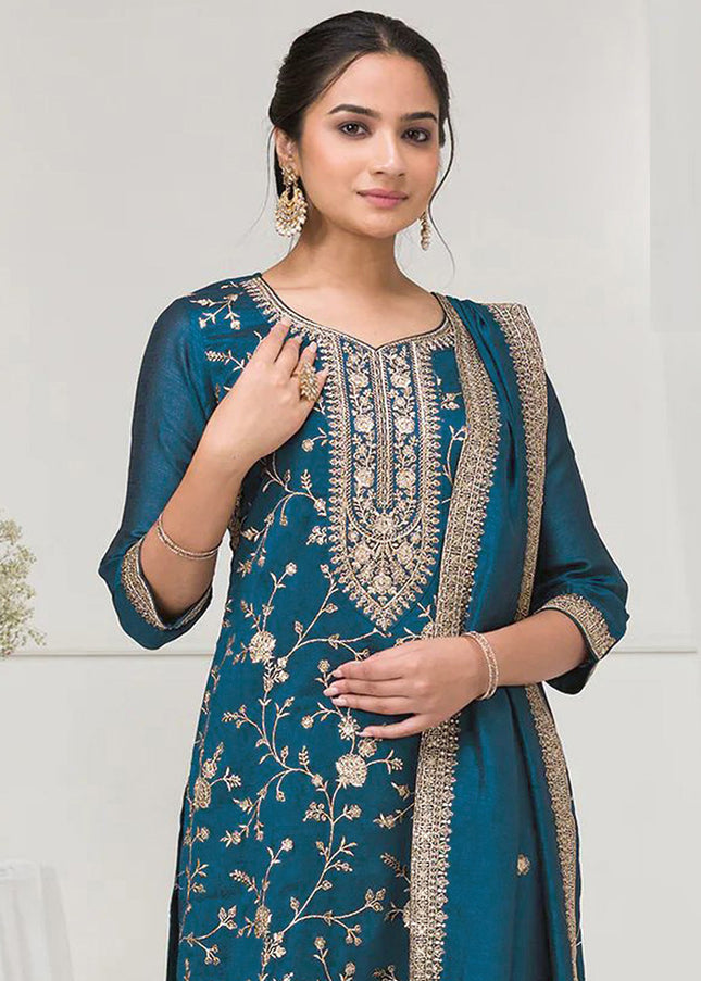 Teal Embroidered Sharara Suit