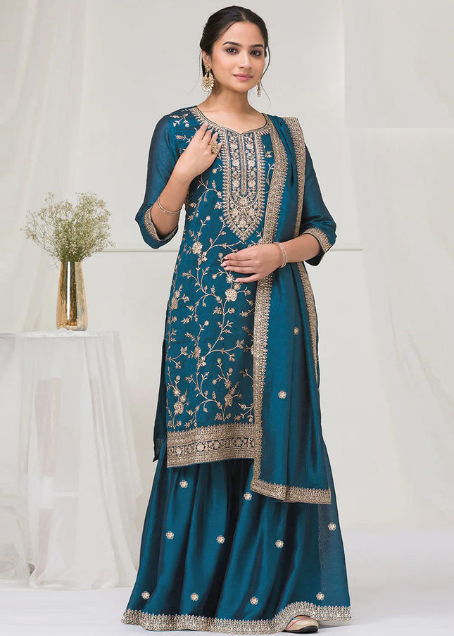 Teal Embroidered Sharara Suit